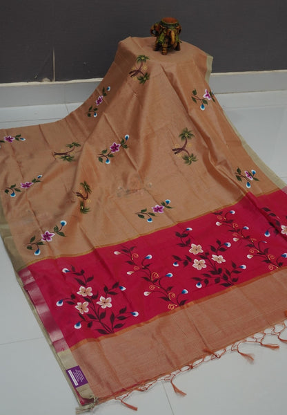 Cora Linen Saree-Beige with Hand Painted Floral Motifs