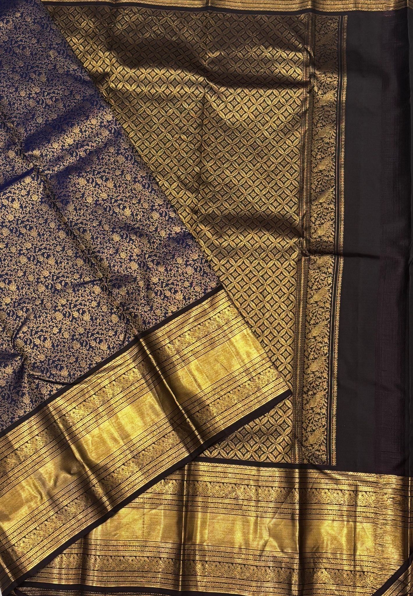 Pure Kanchipuram Silk Saree-Traditional Blue with Contrast Border