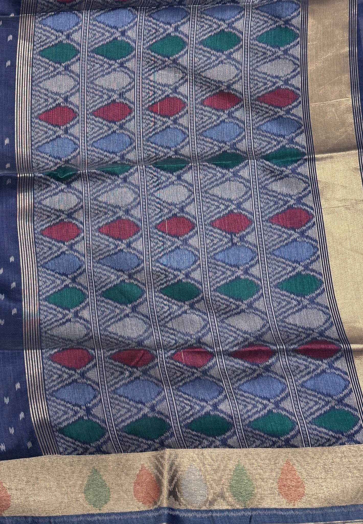 Semi Tussar Saree-Navy Blue In Geometric Ikat Butta Zari Border