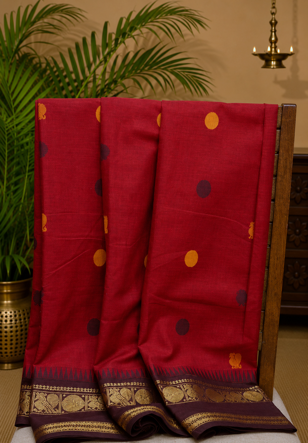 Chettinad Cotton Saree–Maroon-Black with Heritage Zari Border