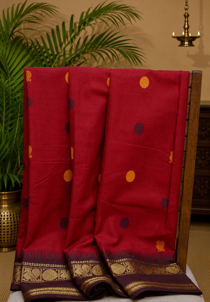 Chettinad Cotton Saree–Maroon-Black with Heritage Zari Border