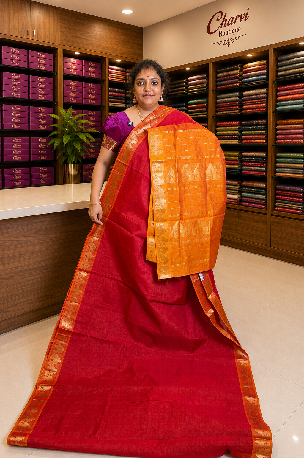 Silk Cotton Saree-Red with Contrast Border in Vairaoosi Pattern