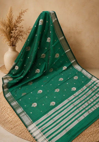 Semi Tussar Saree-Bottle Green with Floral Zari Motif