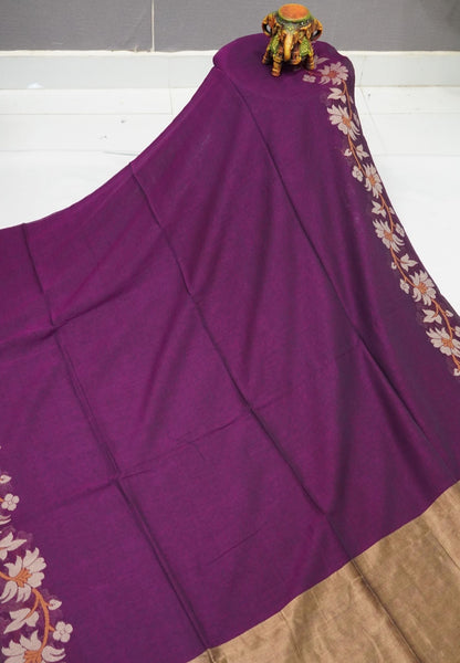 Handloom Cotton Saree-Wine Lotus Jamdhani Border