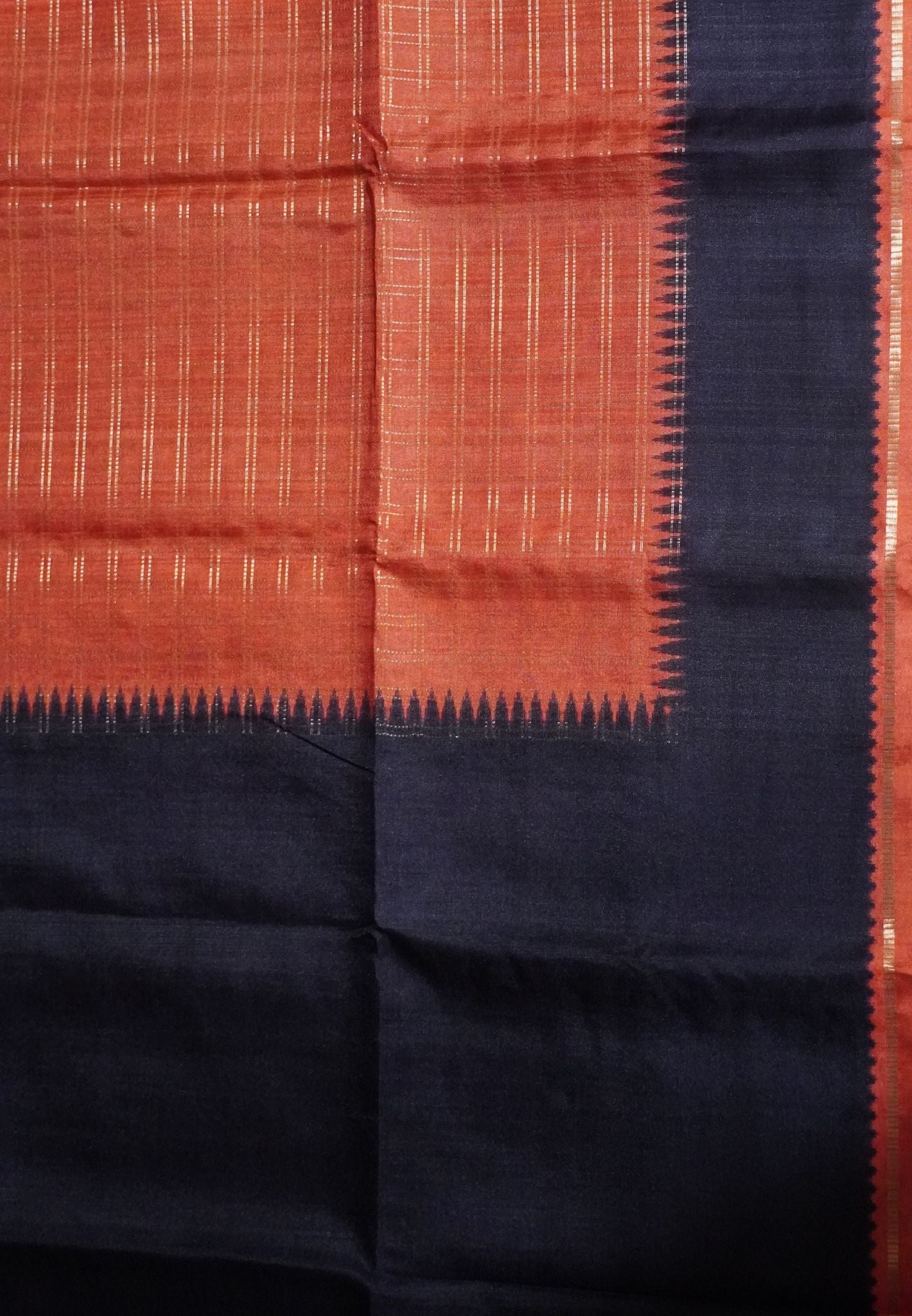 Semi Matka Tussar Saree-Orange with Contrast Border and Zari Checks