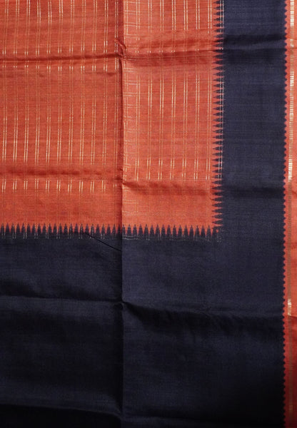 Semi Matka Tussar Saree-Orange with Contrast Border and Zari Checks