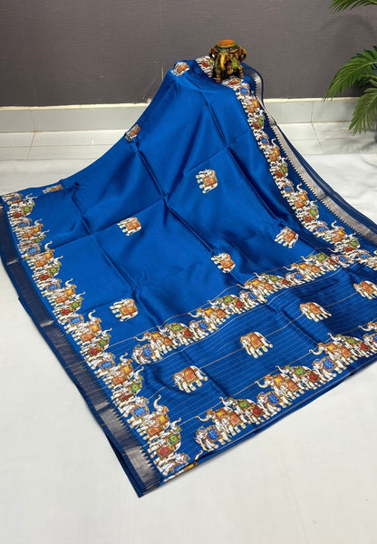 Pure Mangalgiri Silk Saree-Peacock Blue with Tanjore Print