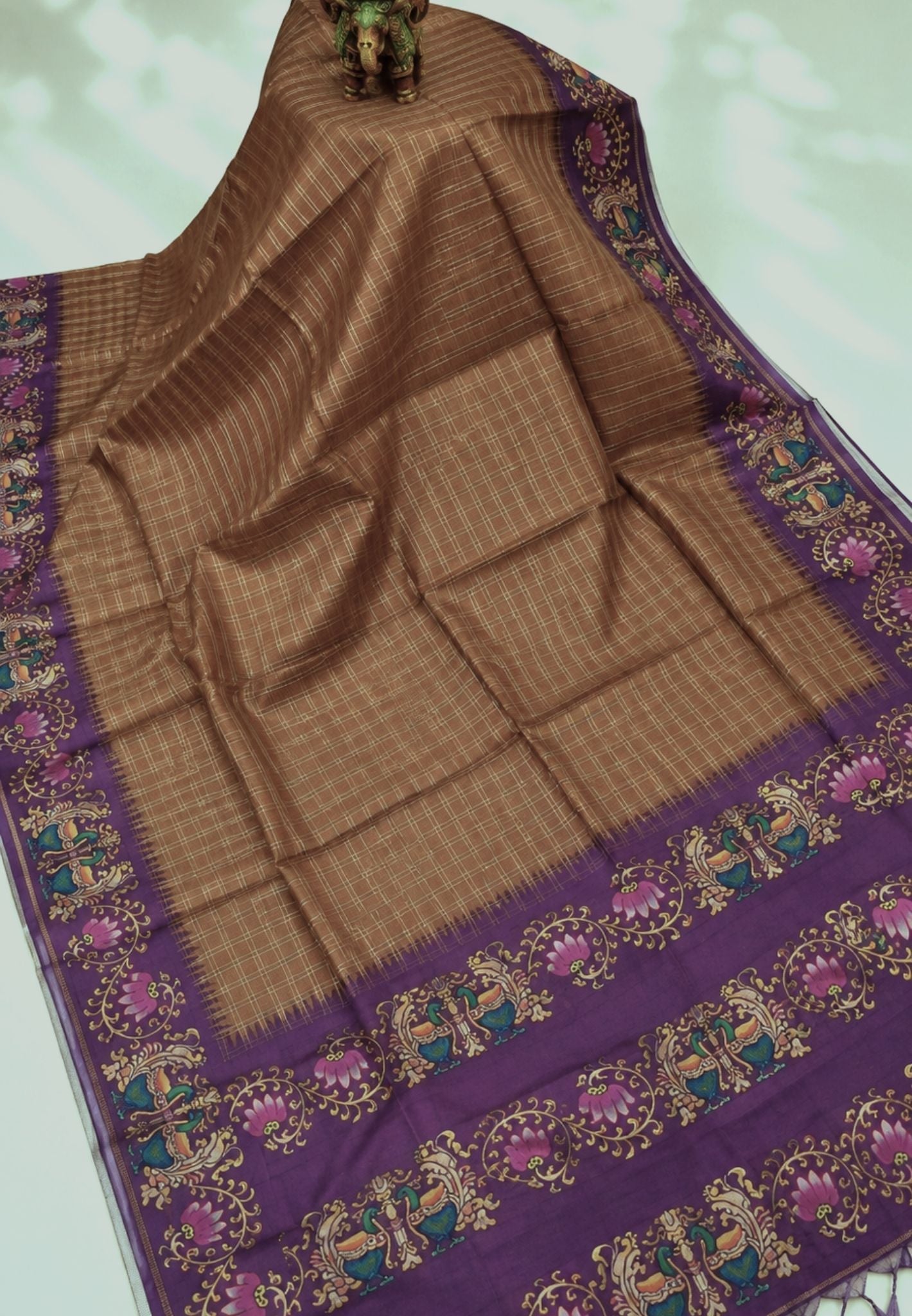 Premium Matka Tussar Saree-Gold with Contrast Border in Tanjore Print