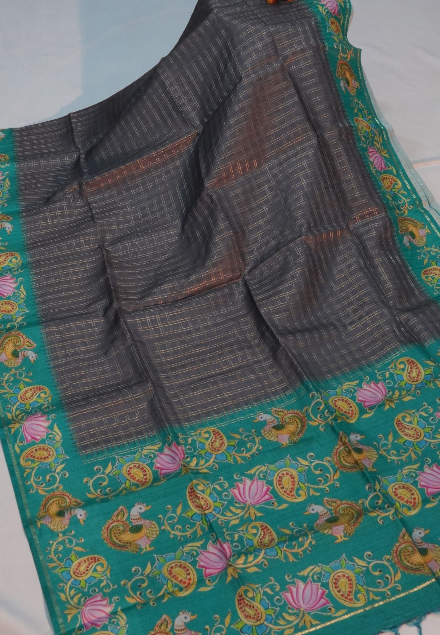 Premium Tussar Saree-Grey with Contrast Mayil Border
