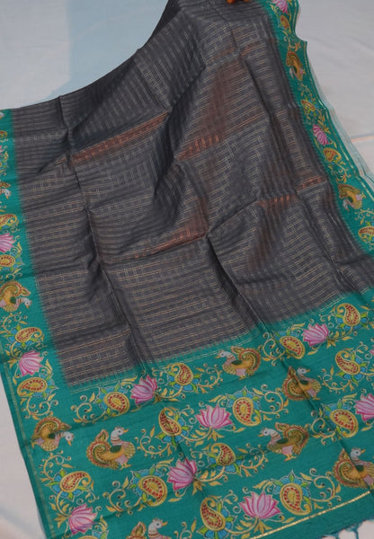 Premium Tussar Saree-Grey with Contrast Mayil Border