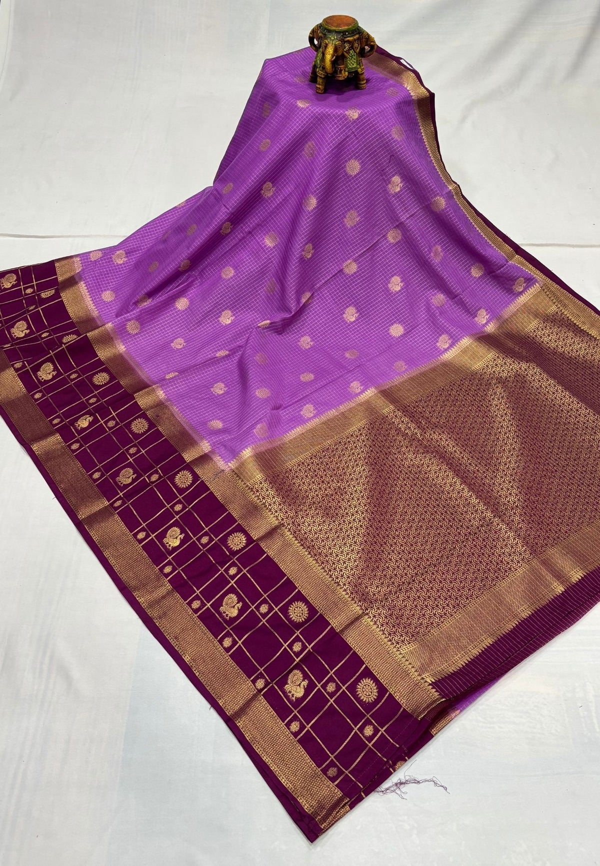 Art Mysore Silk Saree-Purple in Checkered Pattern with Contrast Border