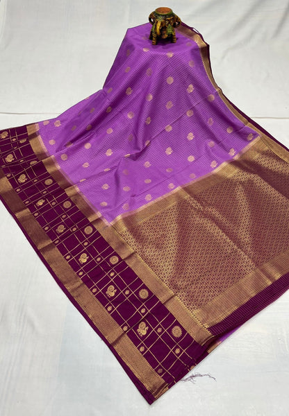 Art Mysore Silk Saree-Purple in Checkered Pattern with Contrast Border