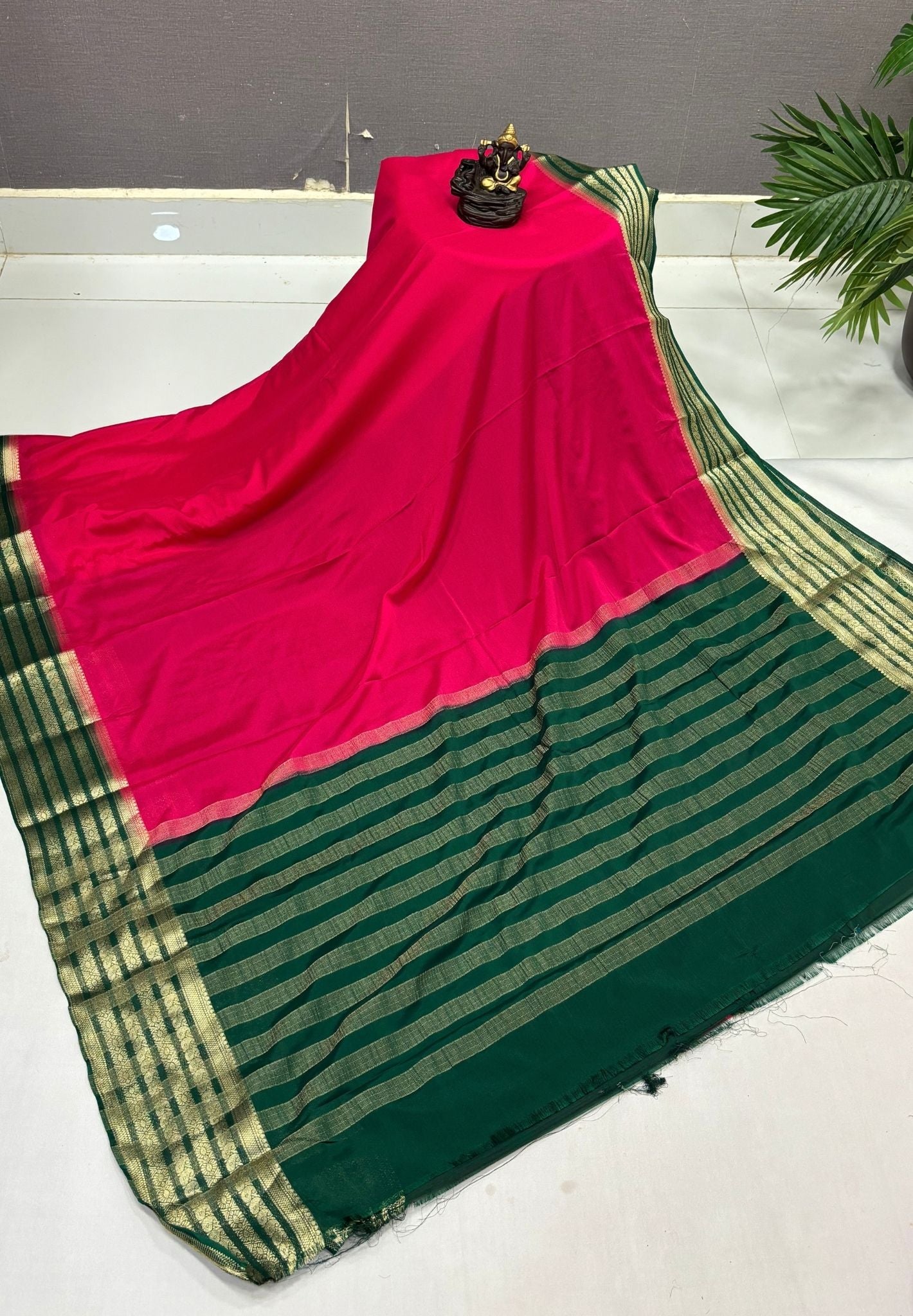 Mysore Crepe Silk Saree-Rani Pink With Contrast Border