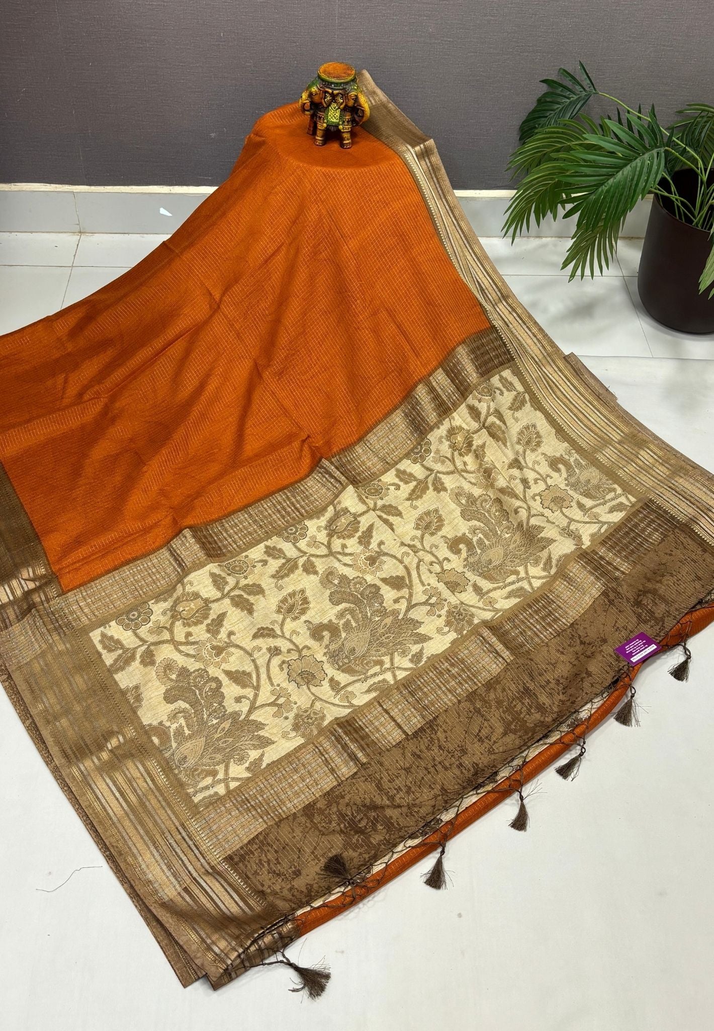 Muslin Tussar Saree-Orange In Floral Vine Border