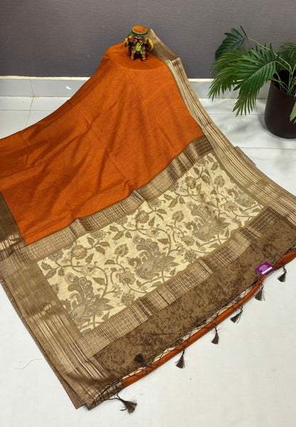 Muslin Tussar Saree-Orange In Floral Vine Border
