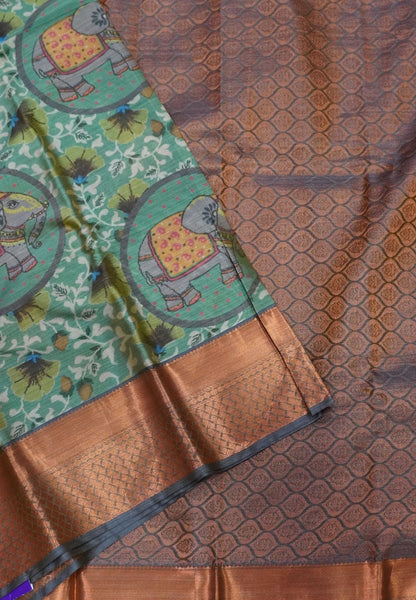 Tanjore Silk Saree-Green Floral Pattern