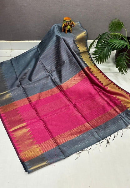 Semi Raw Silk Saree-Grey In Zigzag Zari With Contrast Border