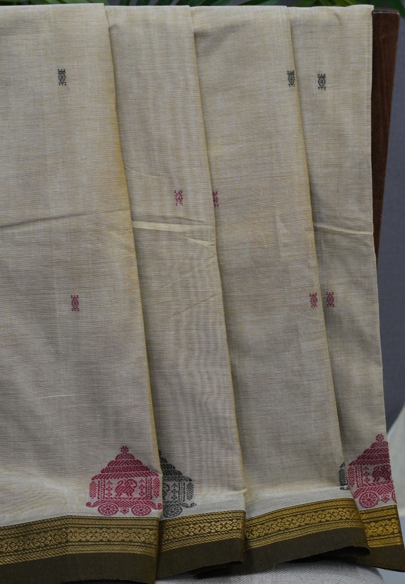 Chettinad Cotton Saree–Cream White with Ther Border