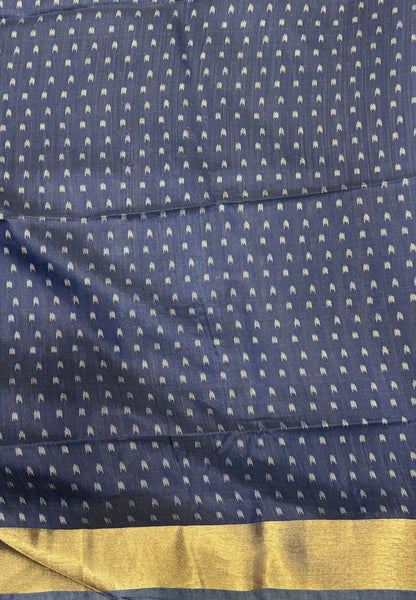 Semi Tussar Saree-Navy Blue In Geometric Ikat Butta Zari Border