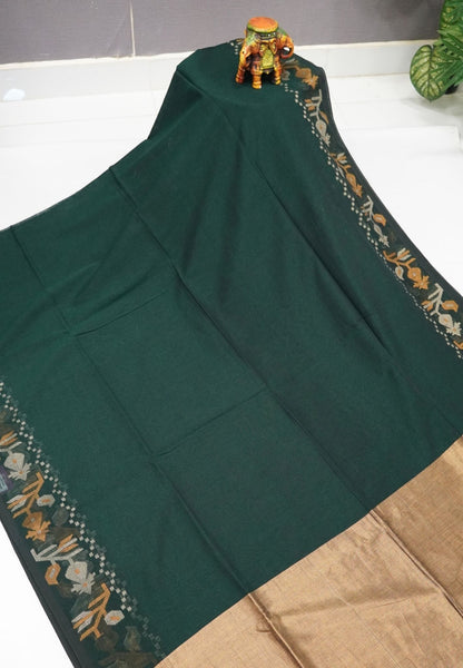 Handloom Cotton Saree- Peacock Green Kalash Jamdhani Border