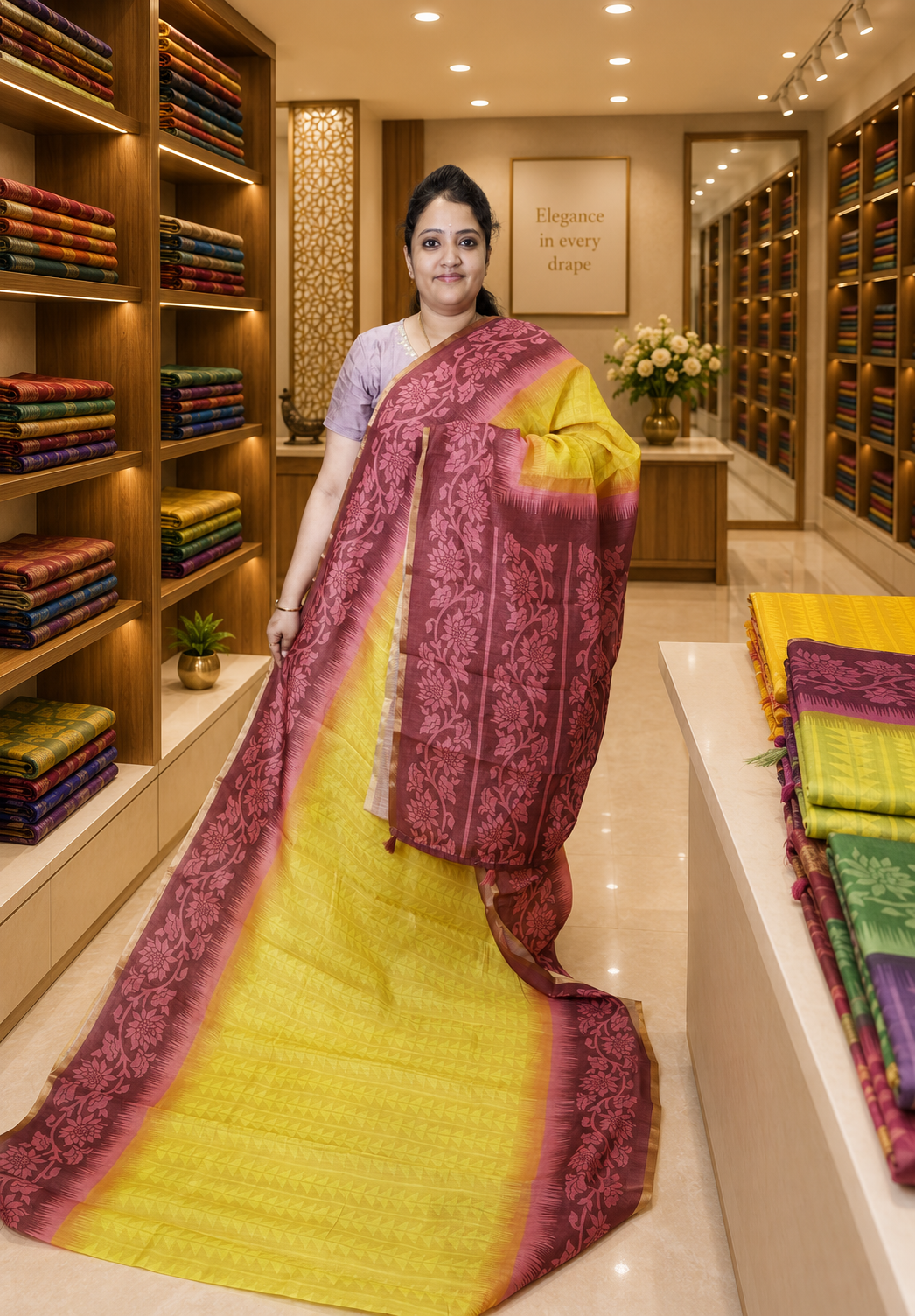 Linen Saree-Yellow-Maroon with Abstract Pattern