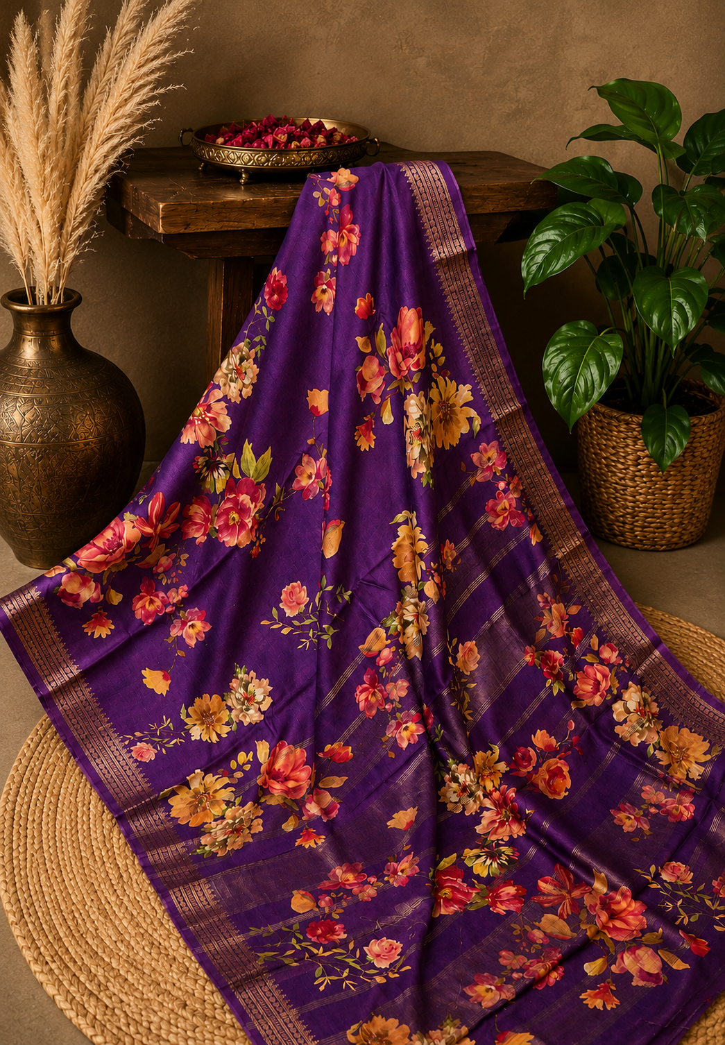 Desi Tussar Silk Saree- Purple Floral Pattern