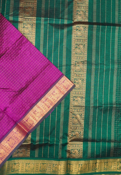 Pure Silk Cotton Saree-Magenta in Mini Checks with Contrast Border