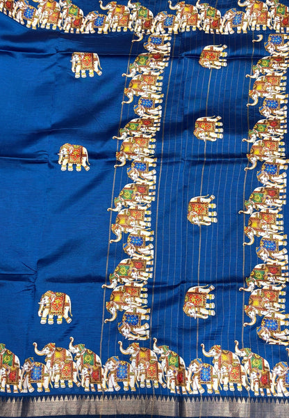 Pure Mangalgiri Silk Saree-Peacock Blue with Tanjore Print