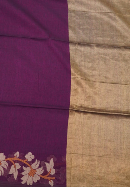 Handloom Cotton Saree-Wine Lotus Jamdhani Border