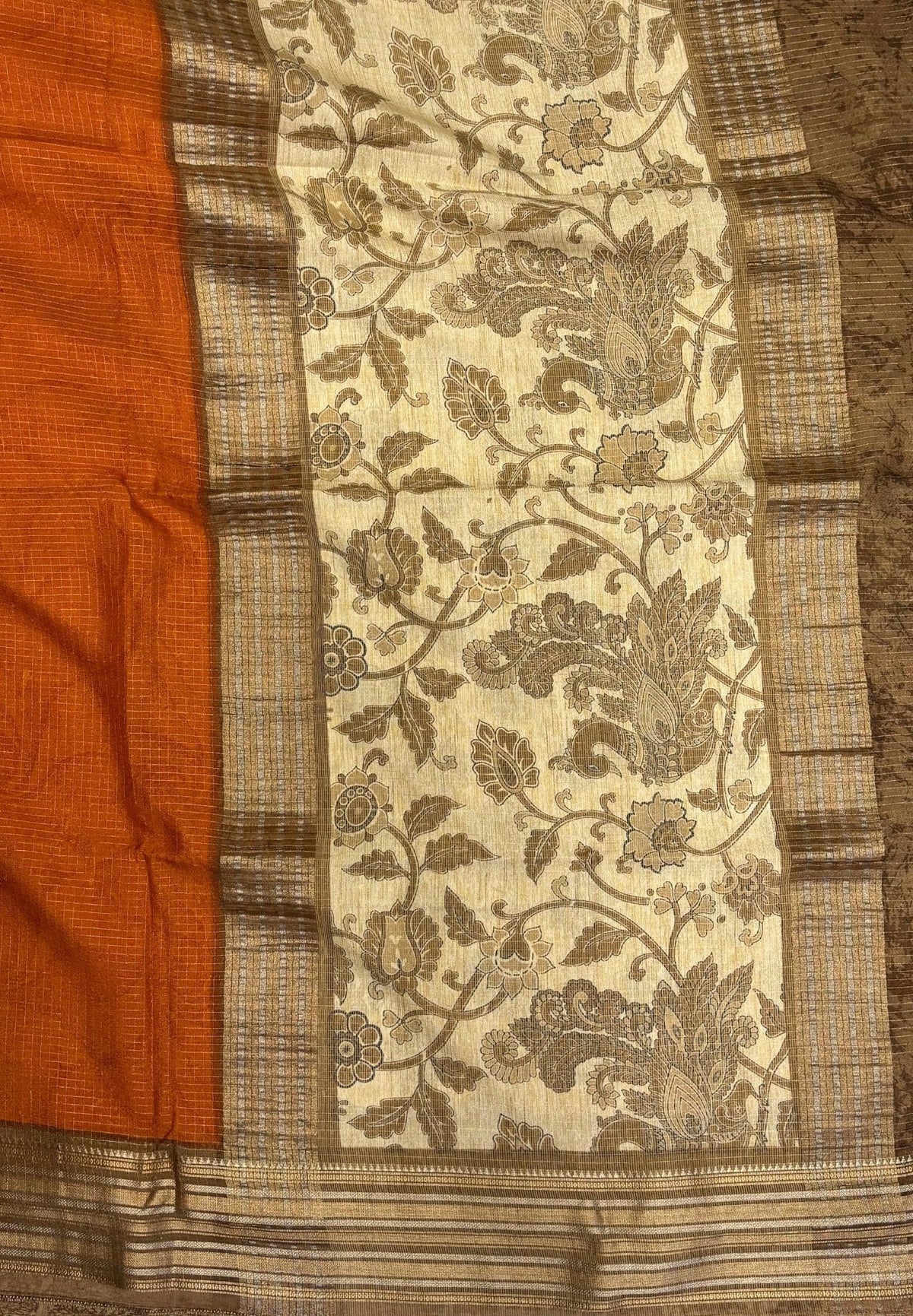 Muslin Tussar Saree-Orange In Floral Vine Border
