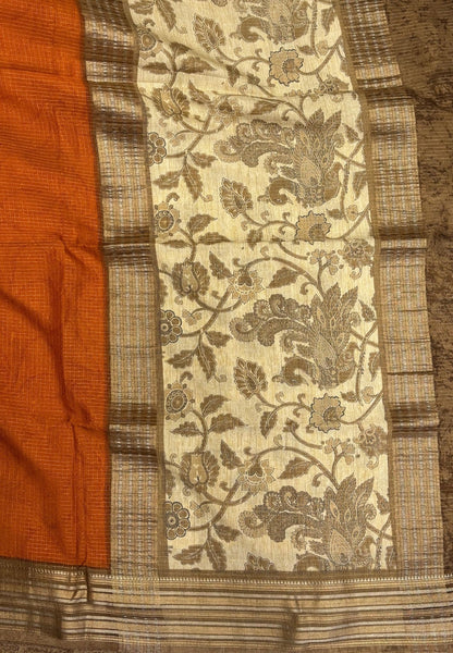 Muslin Tussar Saree-Orange In Floral Vine Border
