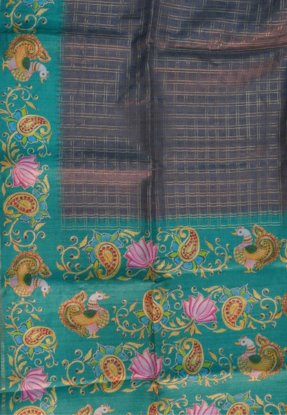 Premium Tussar Saree-Grey with Contrast Mayil Border