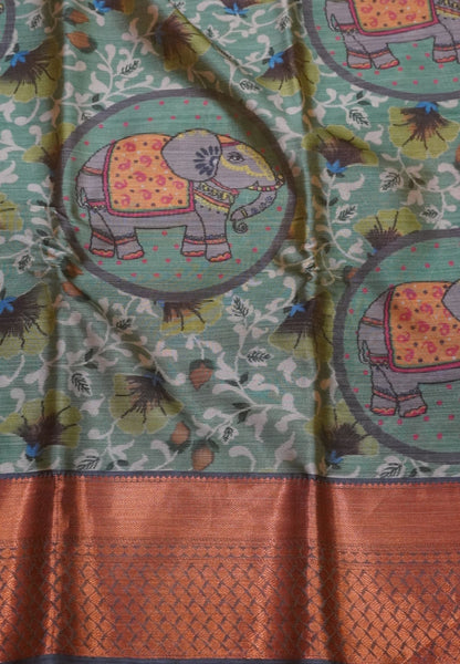 Tanjore Silk Saree-Green Floral Pattern