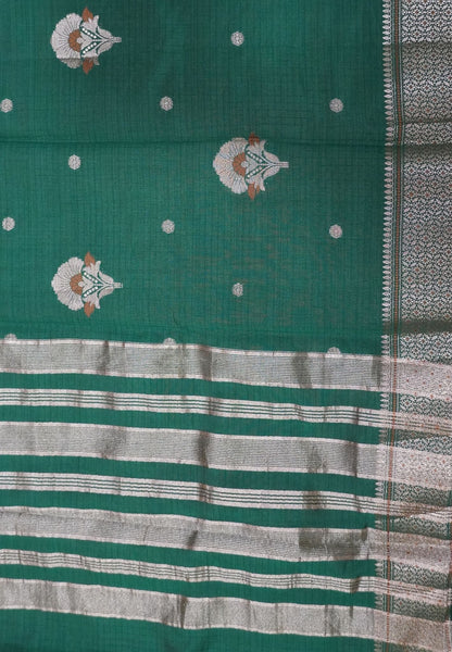 Semi Tussar Saree-Bottle Green with Floral Zari Motif