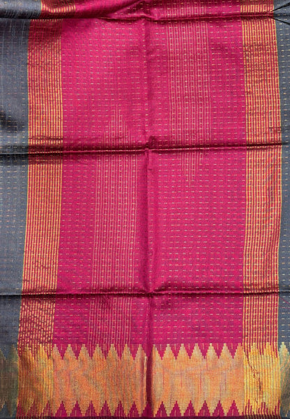 Semi Raw Silk Saree-Grey In Zigzag Zari With Contrast Border