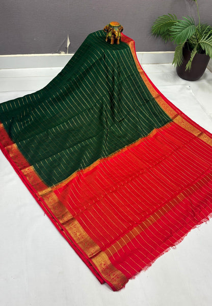 Semi Raw Silk Saree-Dark Green in Zari Lines with Contrast Annam Border