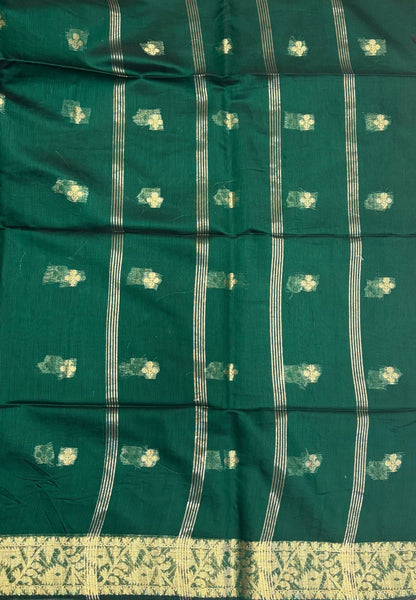 Handloom Silk Cotton Saree-Grass Green In Floral Butta Brocade Border