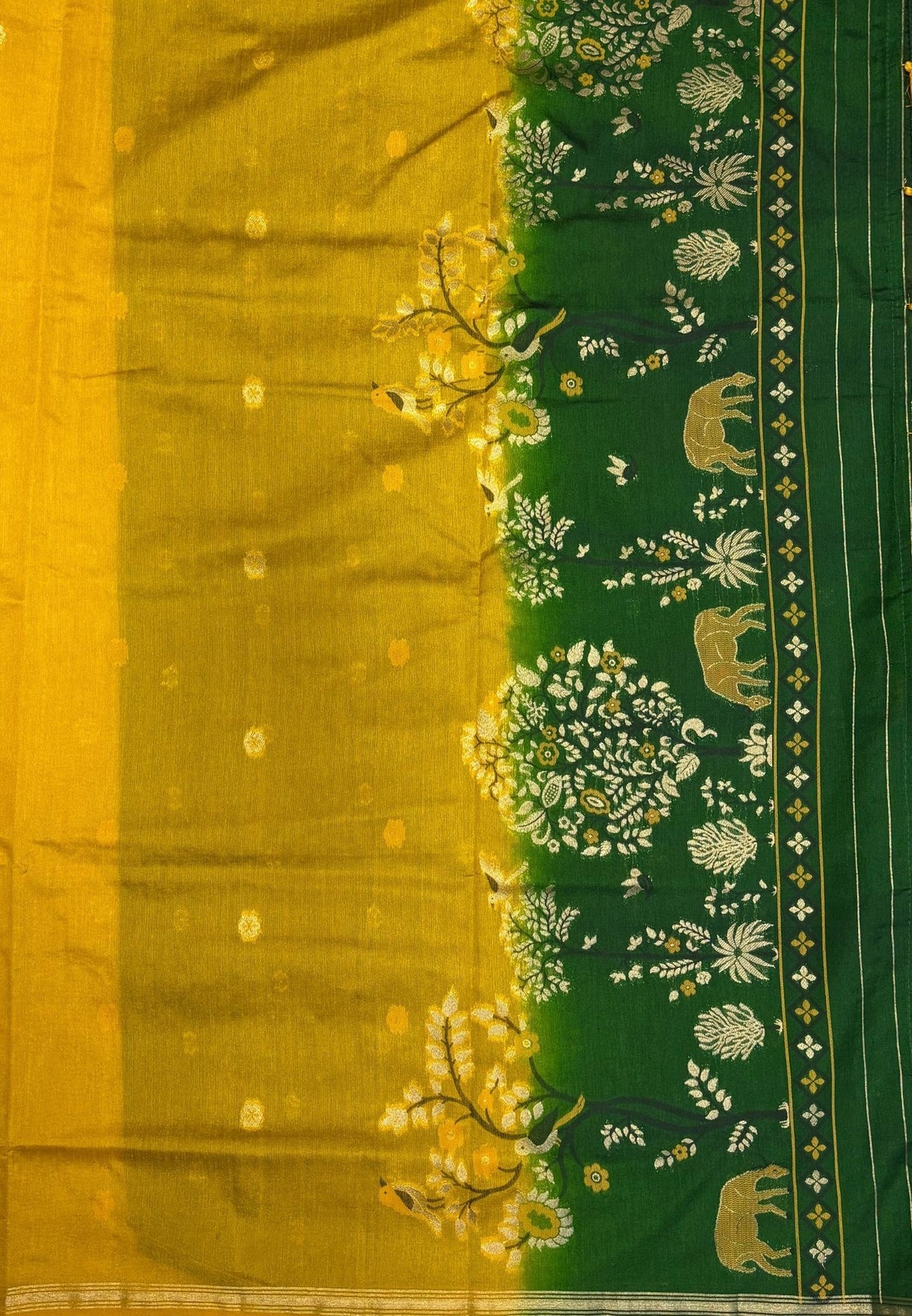 Gaji Silk Saree-Yellow In Warli Tree & Elephant With Contrast Border