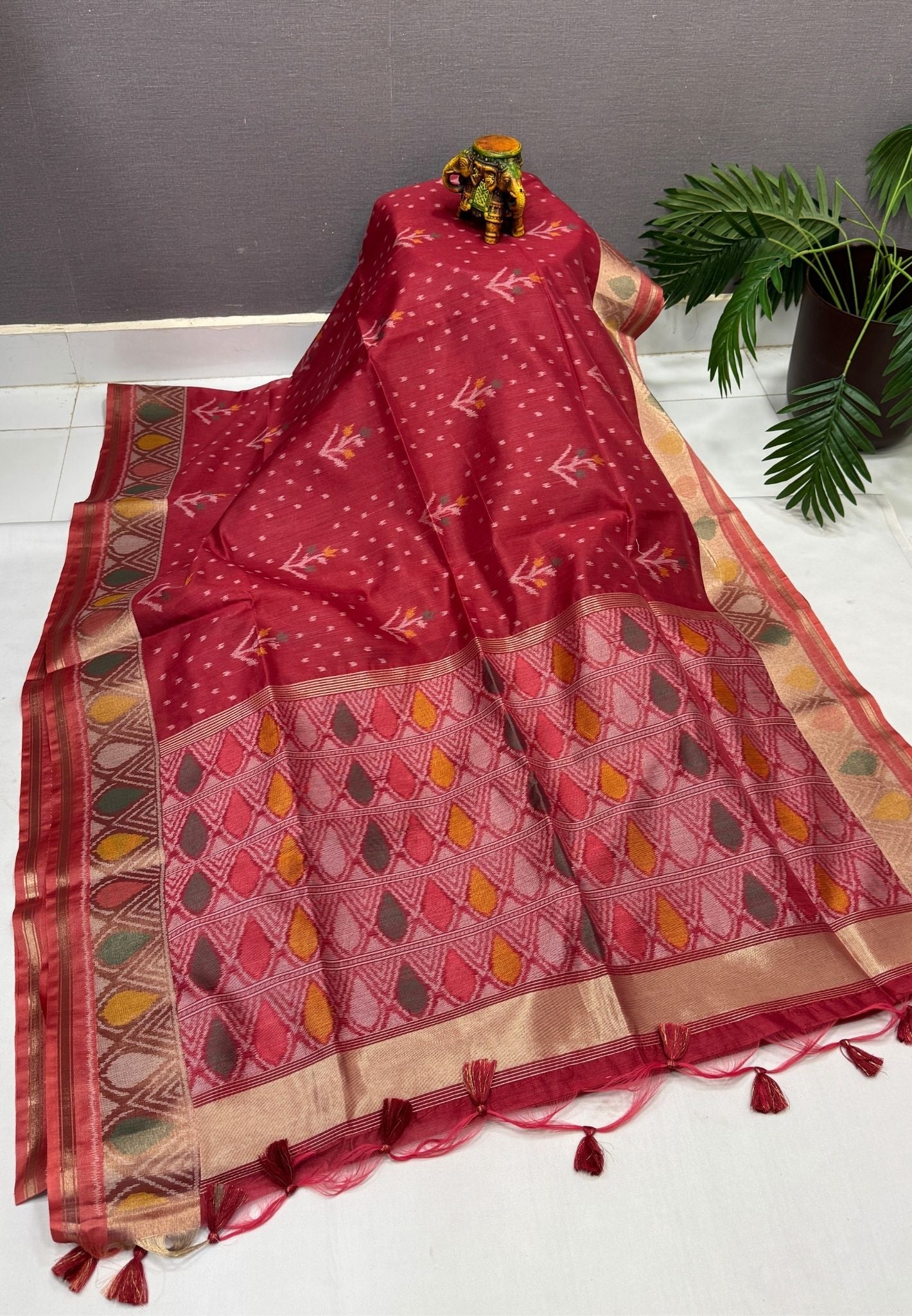 Semi Tussar Saree-Red In Geometric Ikat Butta Zari Border