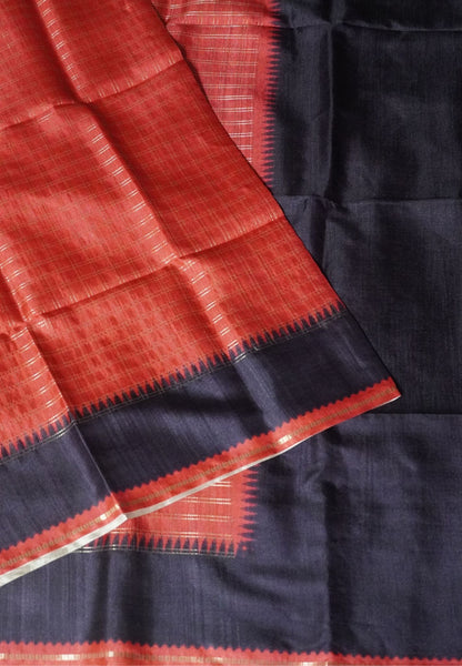 Semi Matka Tussar Saree-Red with Contrast Border and Zari Checks