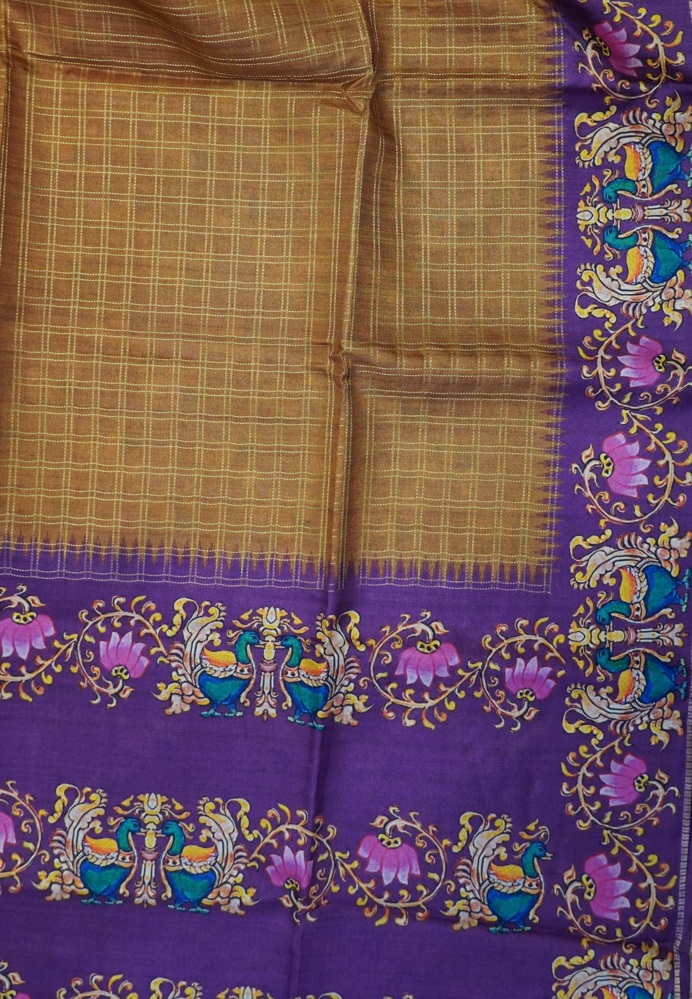 Premium Matka Tussar Saree-Gold with Contrast Border in Tanjore Print