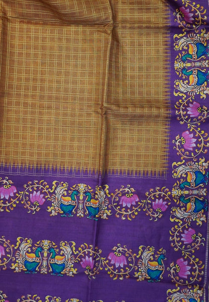 Premium Matka Tussar Saree-Gold with Contrast Border in Tanjore Print