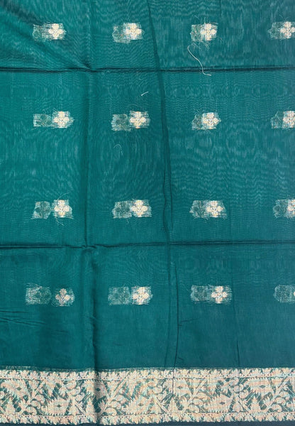Handloom Silk Cotton Saree-Grass Green In Floral Butta Brocade Border