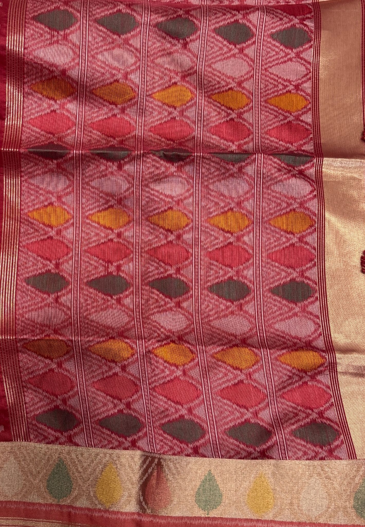 Semi Tussar Saree-Red In Geometric Ikat Butta Zari Border