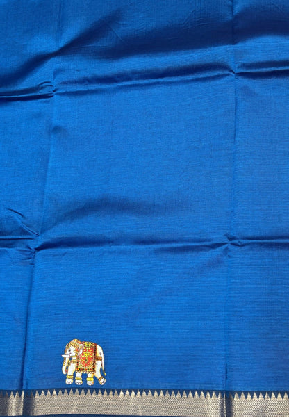 Pure Mangalgiri Silk Saree-Peacock Blue with Tanjore Print