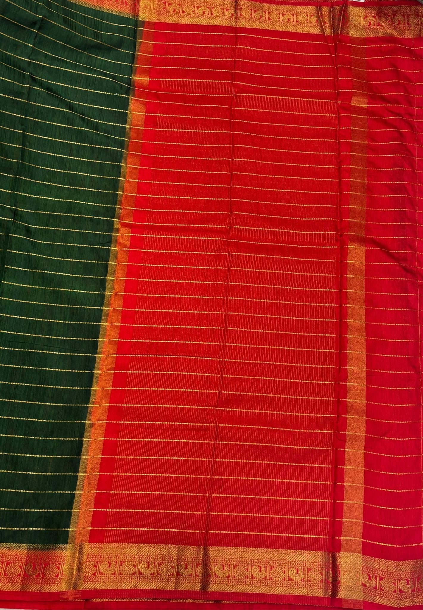 Semi Raw Silk Saree-Dark Green in Zari Lines with Contrast Annam Border