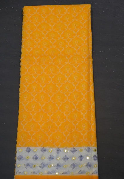 Supernet Kota Cotton Saree-Yellow with Mirror Work