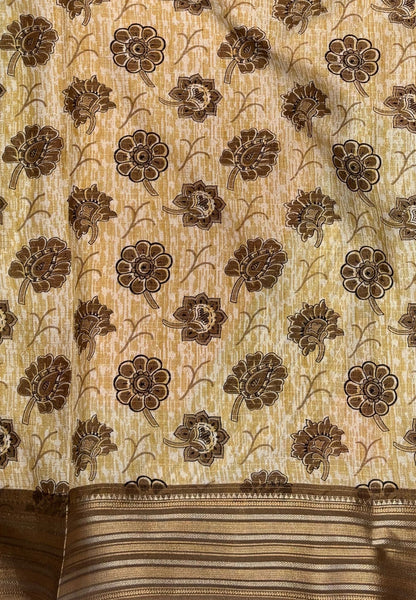 Muslin Tussar Saree-Orange In Floral Vine Border