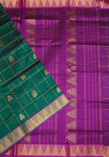 Pure Silk Cotton Saree – Green in Checkered Annapakshi Buttas with Contrast Tower Border