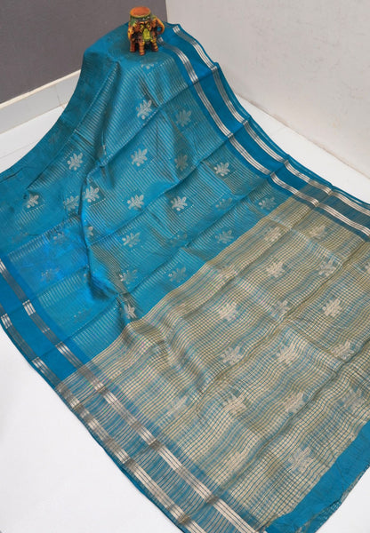 Semi Tussar Saree-Ramar Blue in RainDrop Zari with Retapet Border